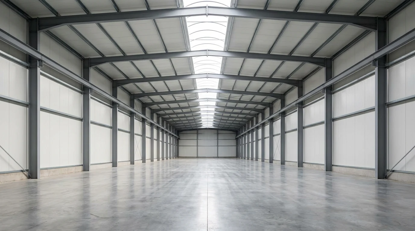 Innenansicht einer Lagerhalle mit Stahlrahmen
